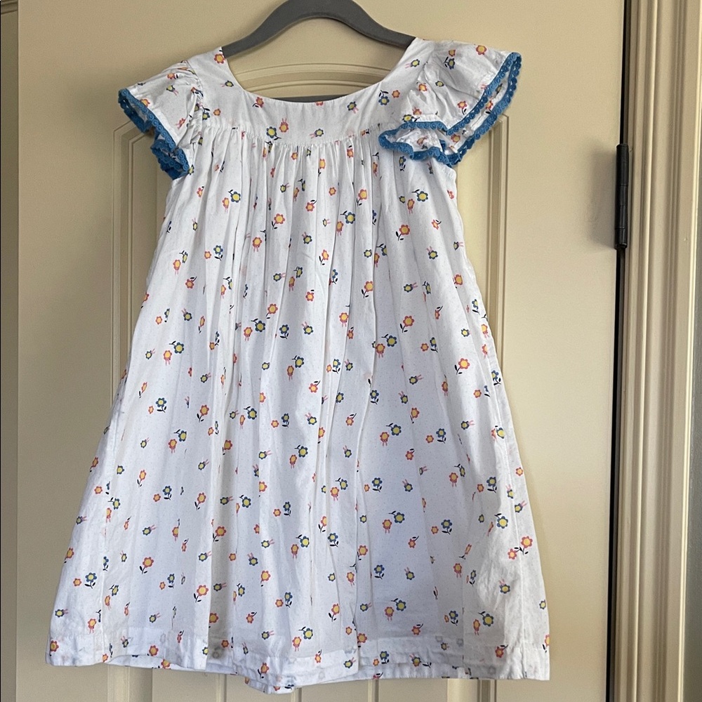 Tucker + Tate White Dress with Floral Pattern & Blue crocheted sleeve detail
